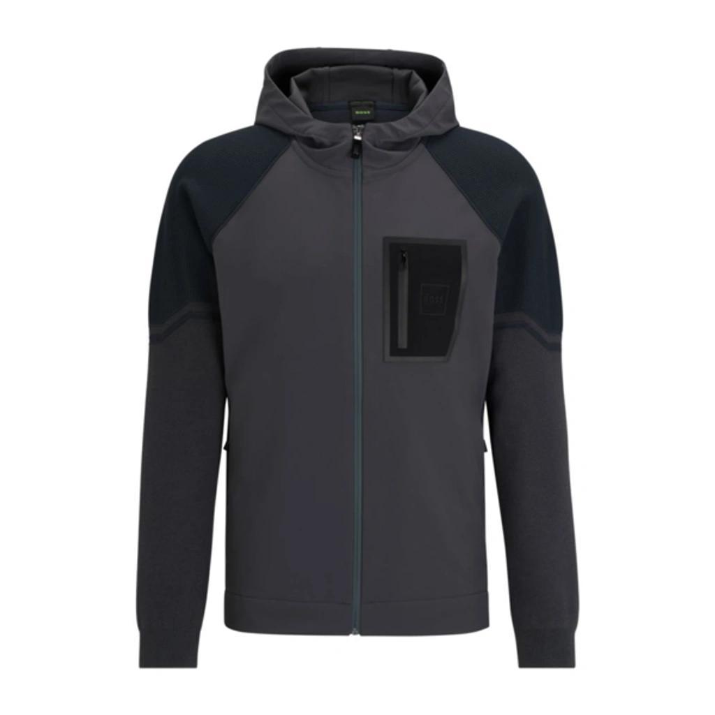 HUGO BOSS Mixed-material Hooded Jacket With Signature Pocket In Dark Grey Product Image