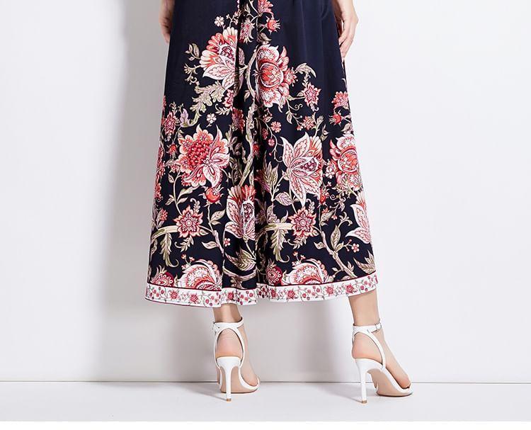 Long Sleeve V-Neck Floral Print Frill Button Midi A-Line Dress Product Image