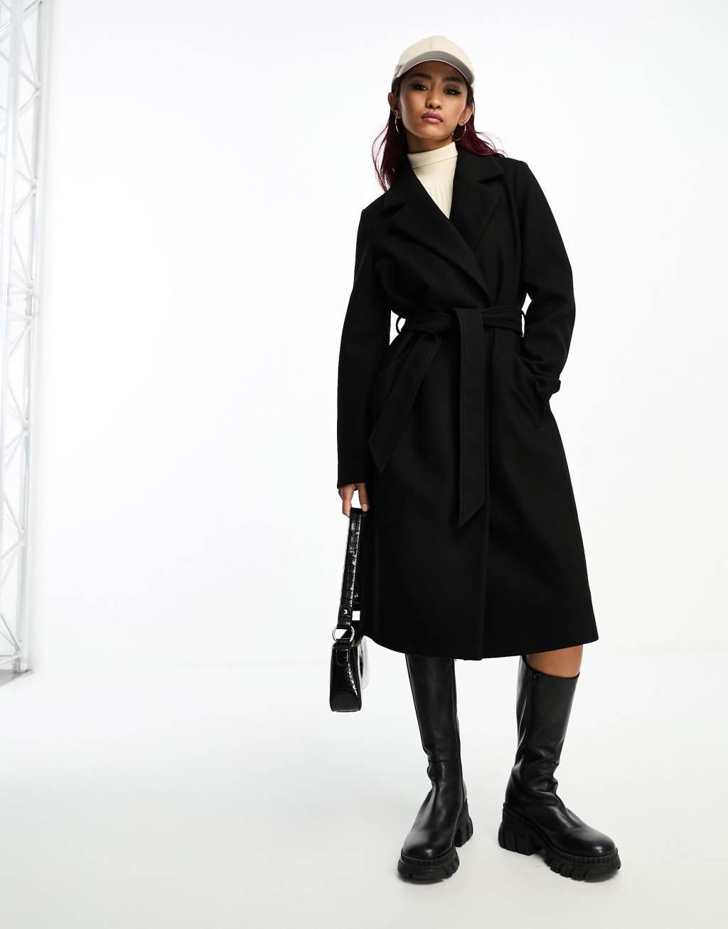 Vero Moda belted formal midi coat in black  Product Image