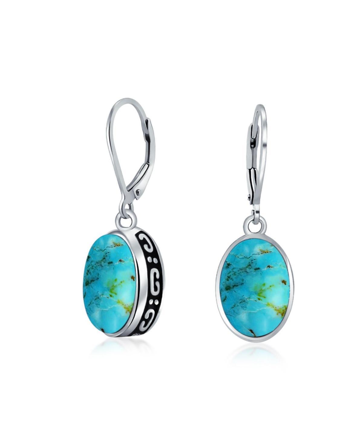 Western Style 3.2CT Stabilized Turquoise Dome Oval Bezel Set Lever Back Dangle Earrings For Women .925 Sterling Silver Product Image