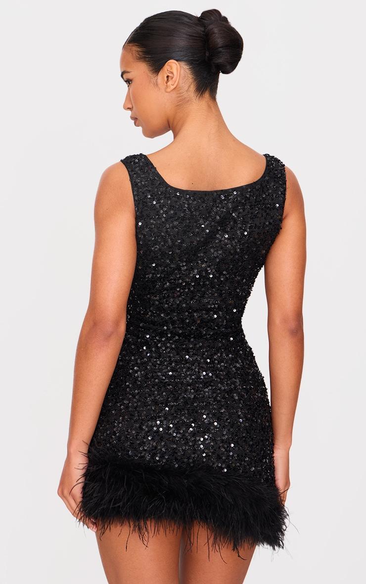 Black Sequin Scoop Neck Feather Hem Shift Dress Product Image