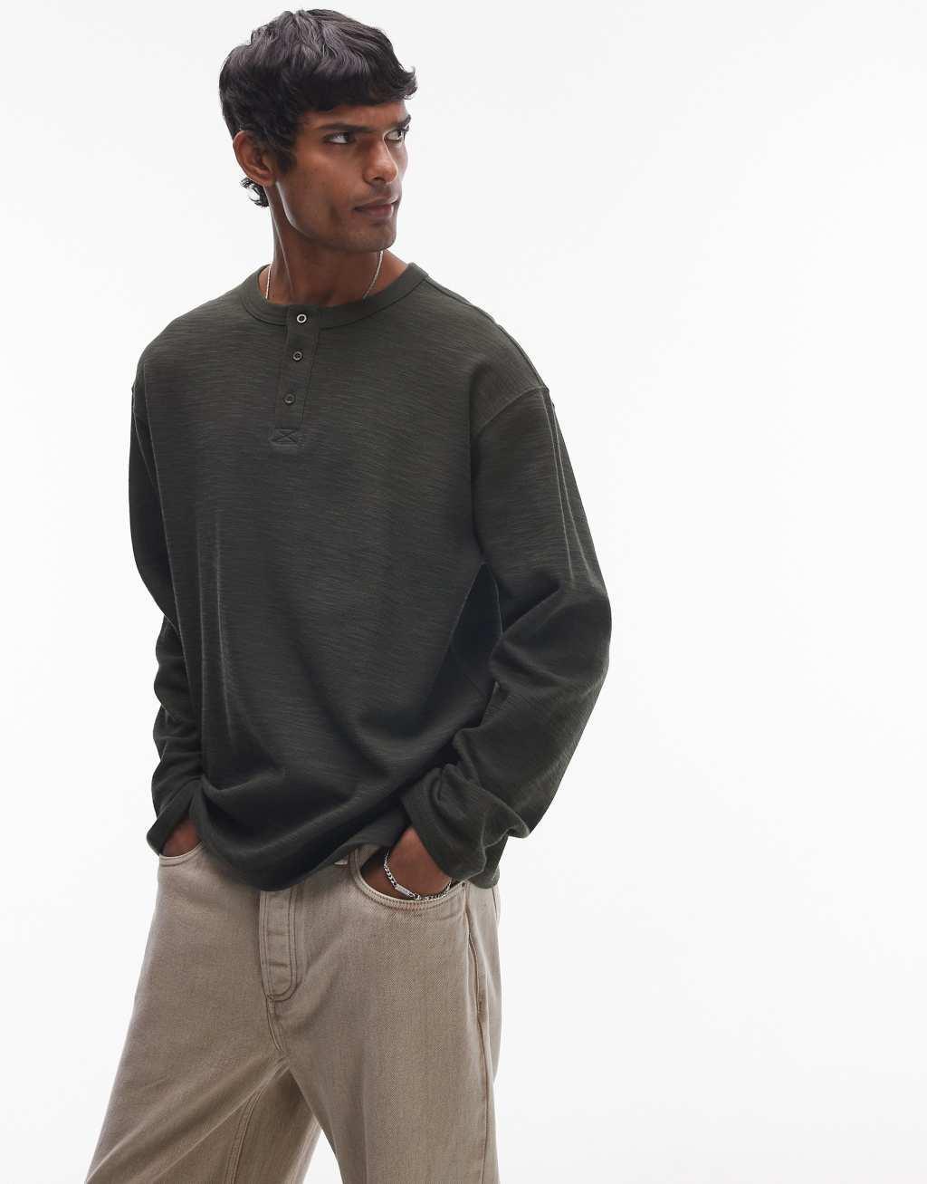 Topman oversized fit textured heavy weight henley t-shirt in khaki Product Image