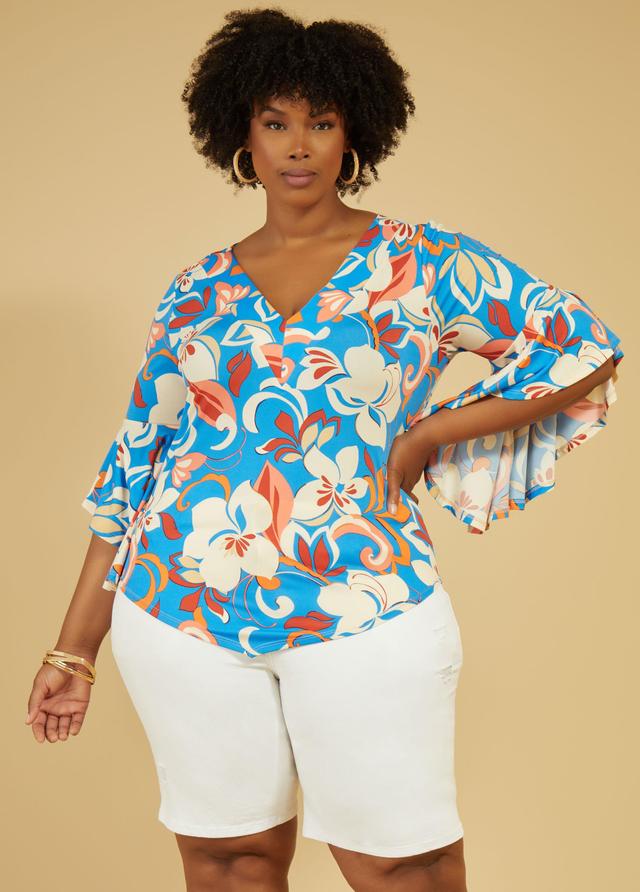 Plus Size Floral Print Drama Sleeved Top Ashley Stewart Product Image