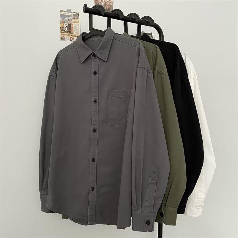 Long-Sleeve Plain Button-Up Shirt Product Image