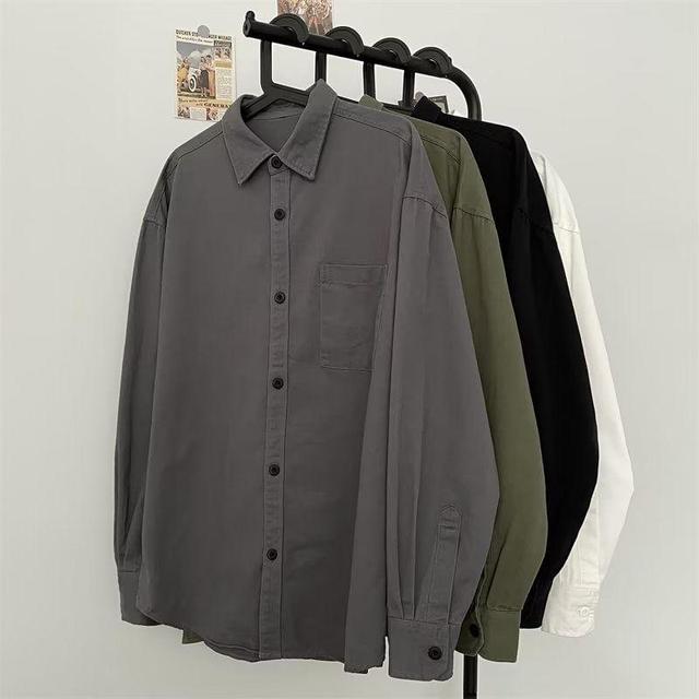 Long-Sleeve Plain Button-Up Shirt Product Image