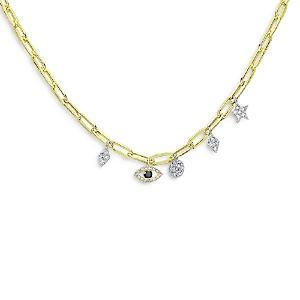 Womens 14K Yellow Gold, Blue Sapphire, & Diamond Evil-Eye Charm Necklace Product Image