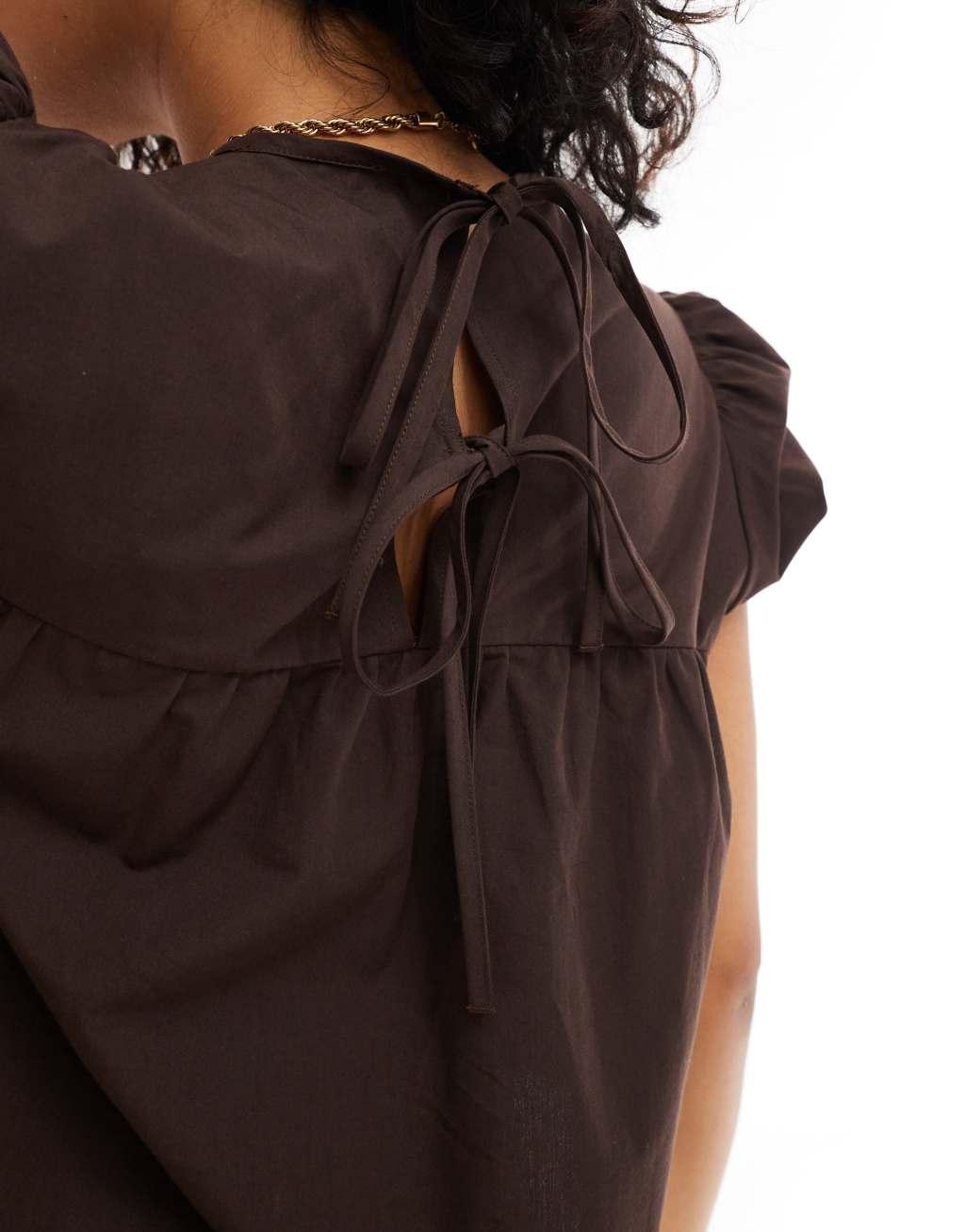 ASOS DESIGN smock top with puff sleeves in chocolate Product Image