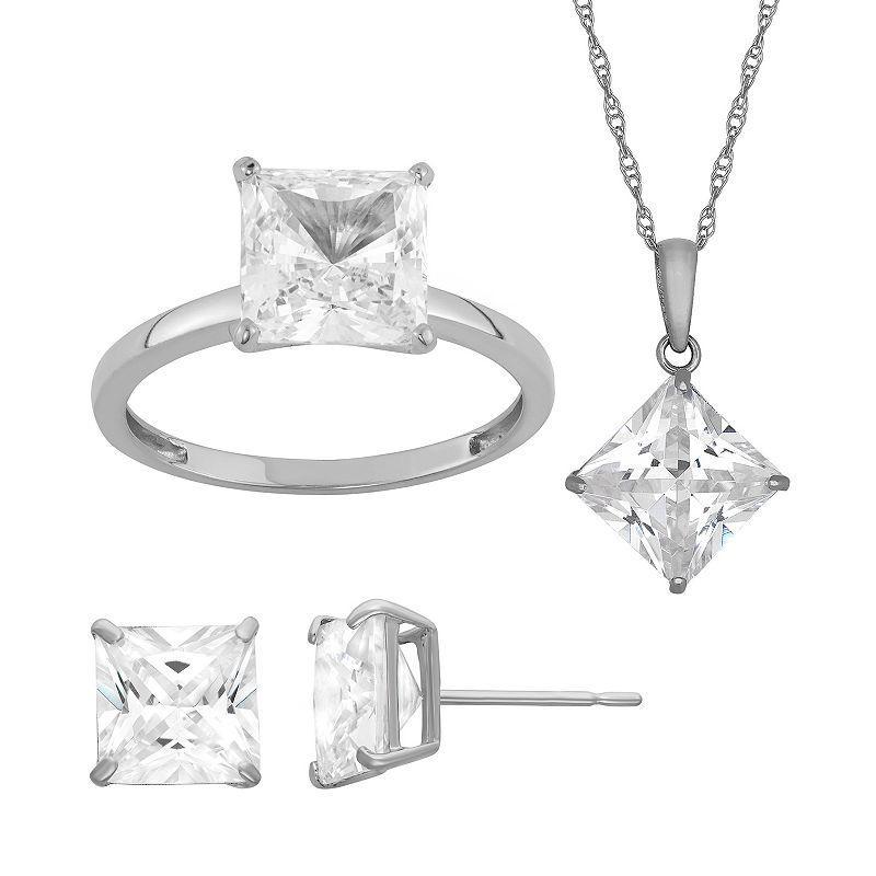 Designs by Gioelli 14K Gold Over Sterling Silver Princess Solitaire Pendant Necklace, Ring & Stud Earring Set, Womens Product Image