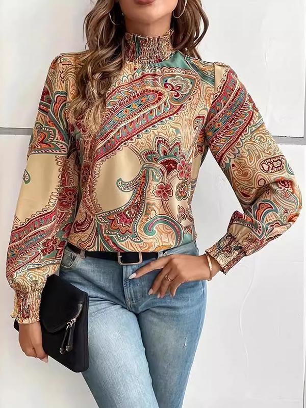 Long Sleeves Loose Buttoned Elasticity Flower Print Hollow Split-Joint Mock Neck Blouses&Shirts Tops Product Image