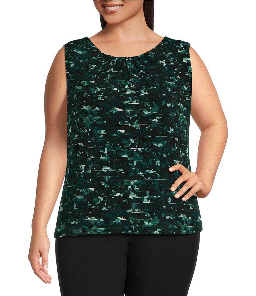 Calvin Klein Plus Size Printed Pleat Crew Neck Sleeveless Cami Top Product Image