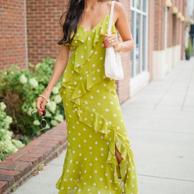 On The Spot Kiwi Ruffle Detail Polka Dot Midi Dress Product Image