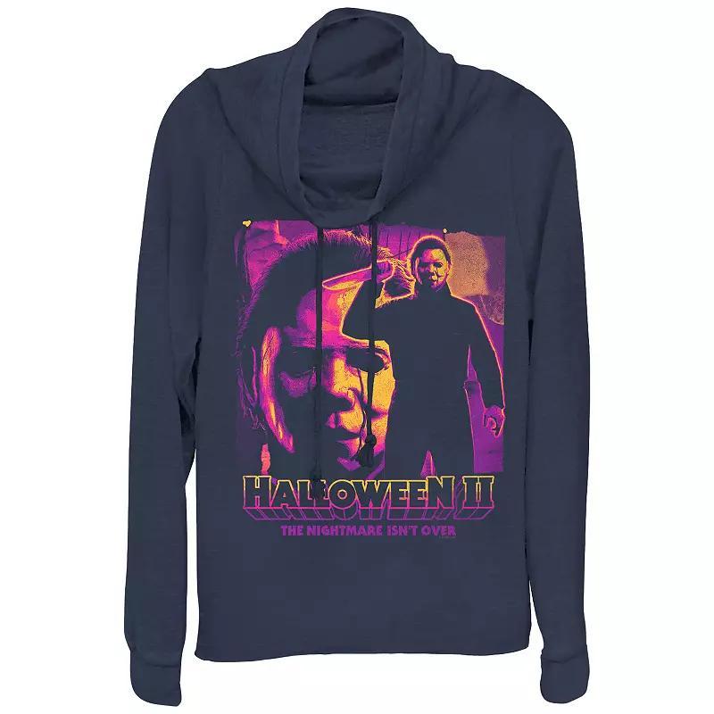 Womens Halloween II Michael Myers The Nightmare Isnt Over Cowlneck Graphic Lightweight Long Sleeve Blue Product Image