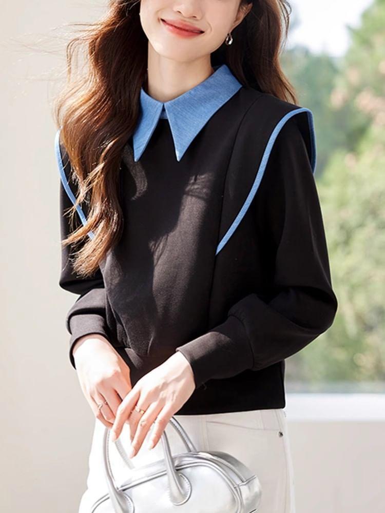 Collared Mock Two-Piece Contrast Trim Crop Pullover Product Image