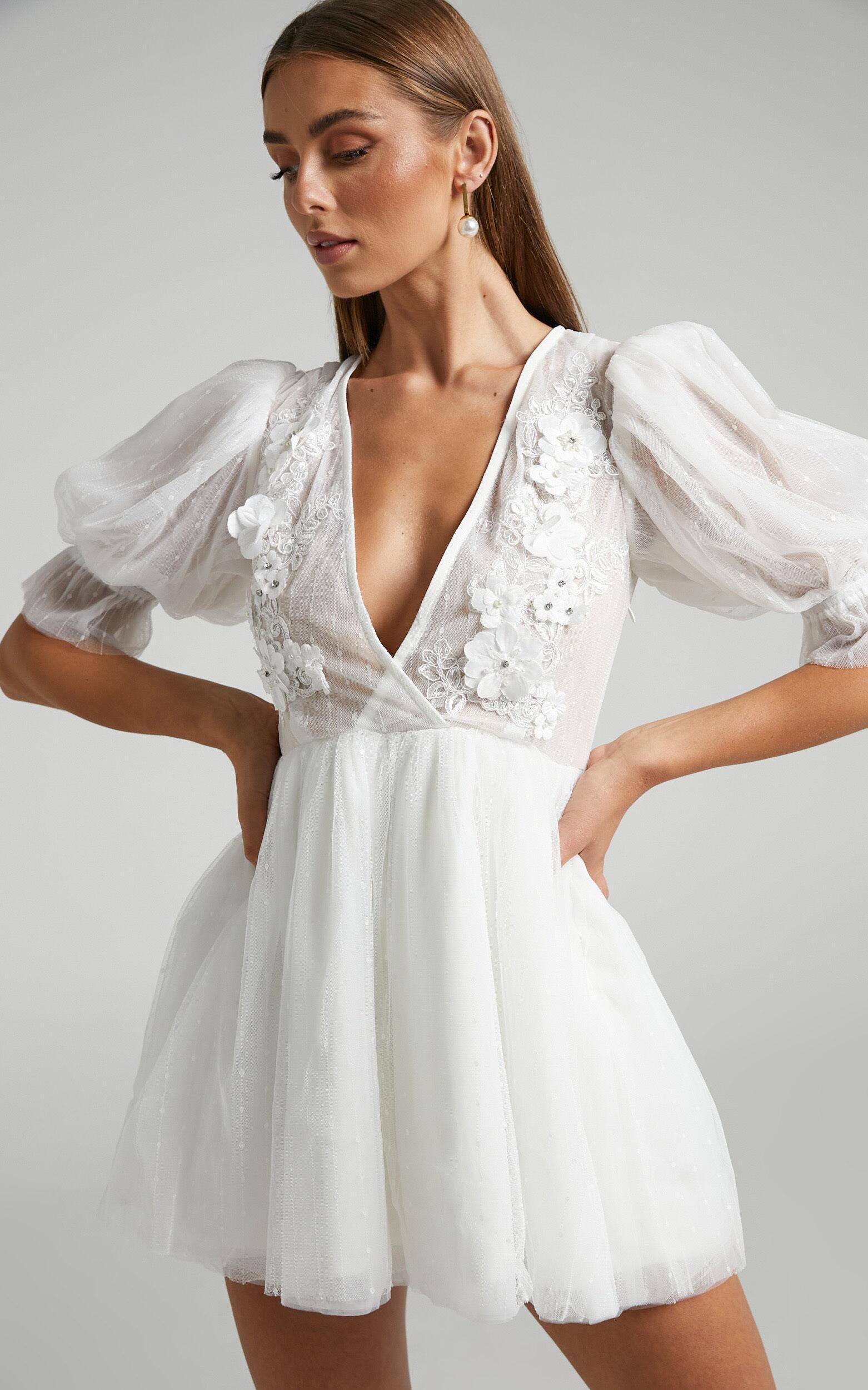 Akshia Mini Dress - Puff Sleeve Floral Detail Plunge Neck Dress in White Product Image