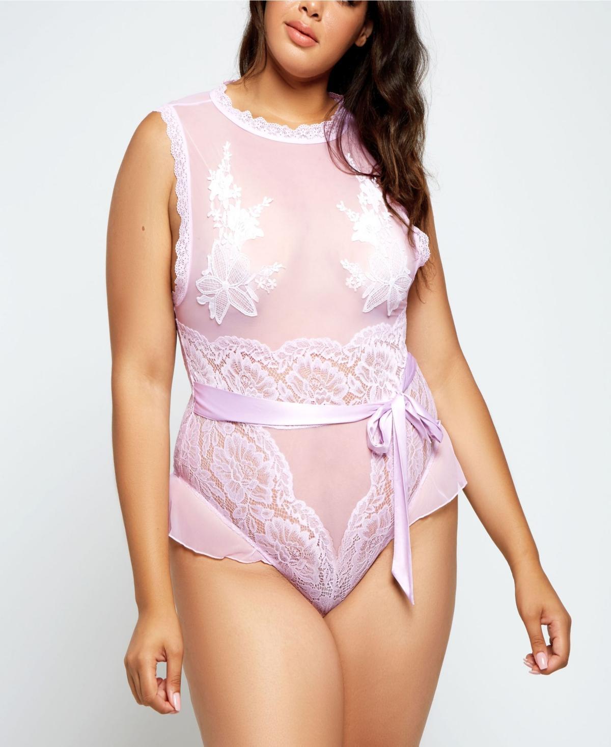 iCollection Floral Applique Lace and Mesh Bodysuit Lingerie, Online Only - Lilac Product Image