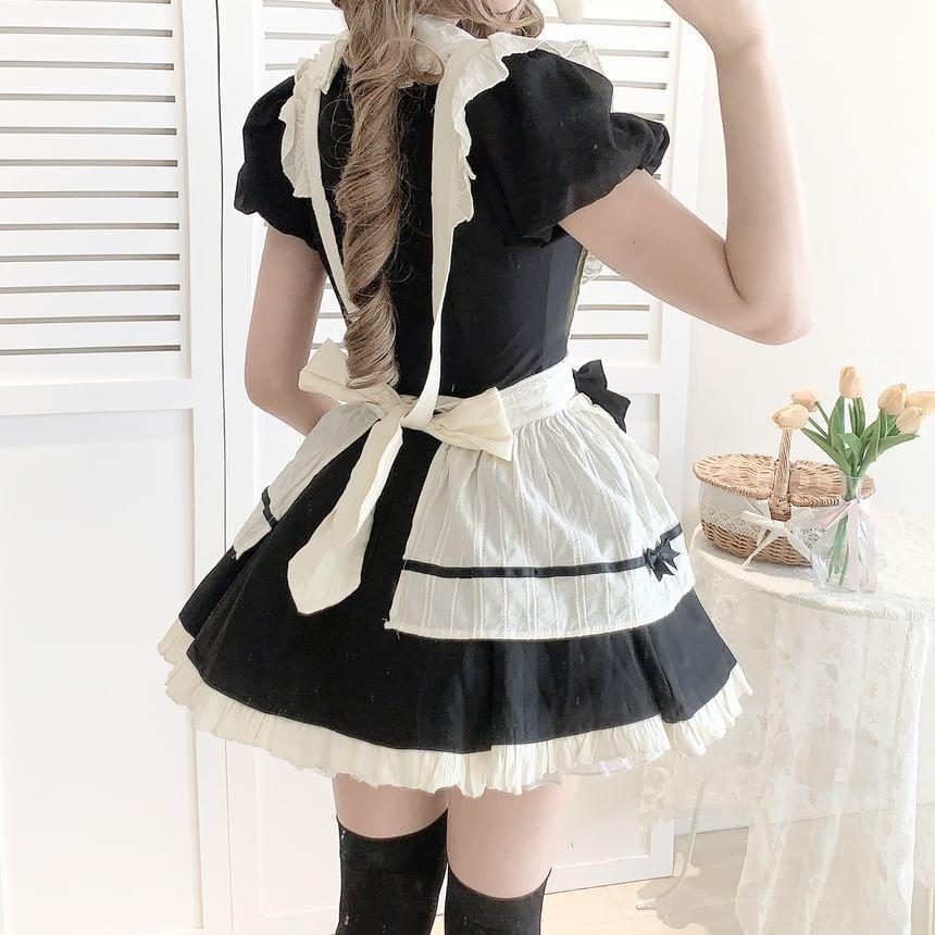 Set: Short-Sleeve Two Tone Bow Frill Trim Mini A-Line Dress + Arm Sleeves + Apron Product Image