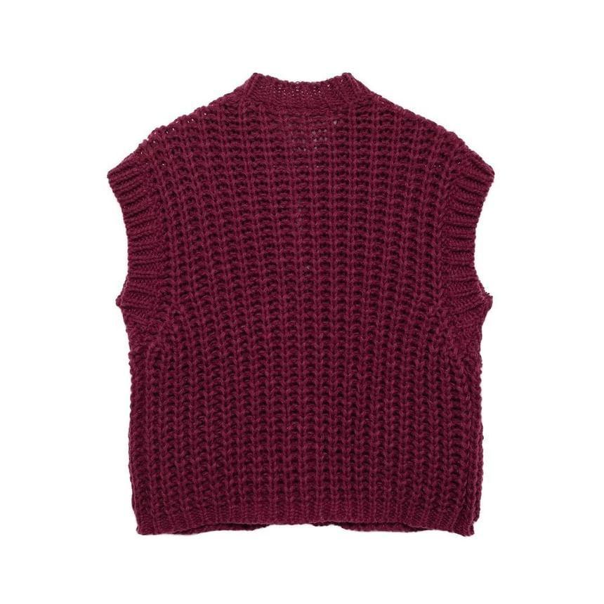 Plain Pocket Detail Chunky Knit Single-Breasted Sweater Vest Product Image