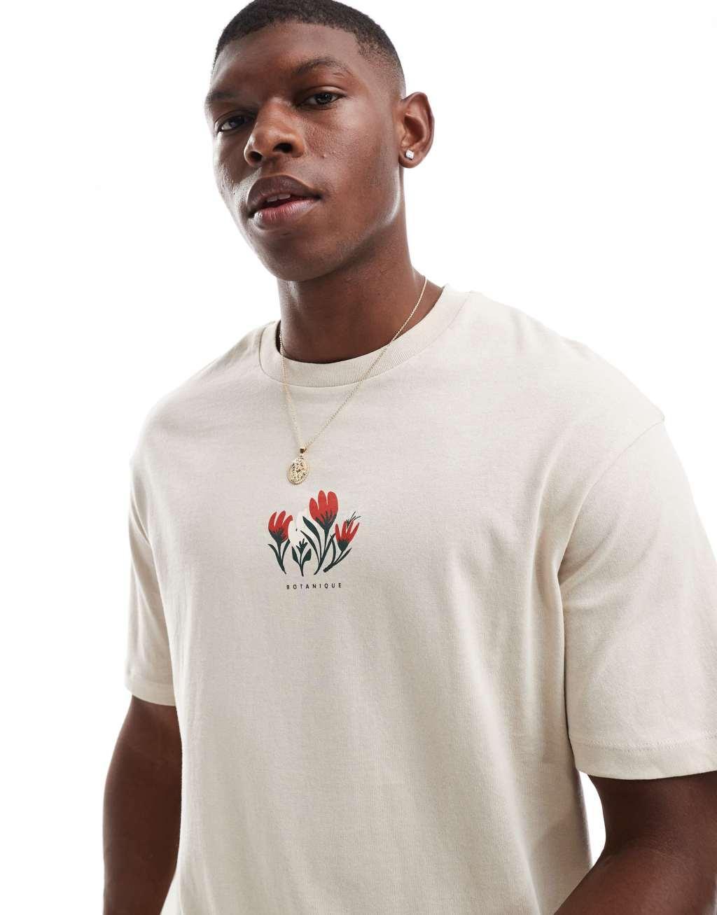 Selected Homme oversized t-shirt with floral chest print in tan Product Image