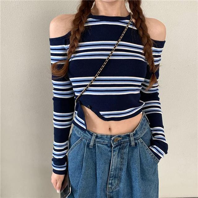 Long-Sleeve Crewneck Cold Shoulder Striped Top Product Image