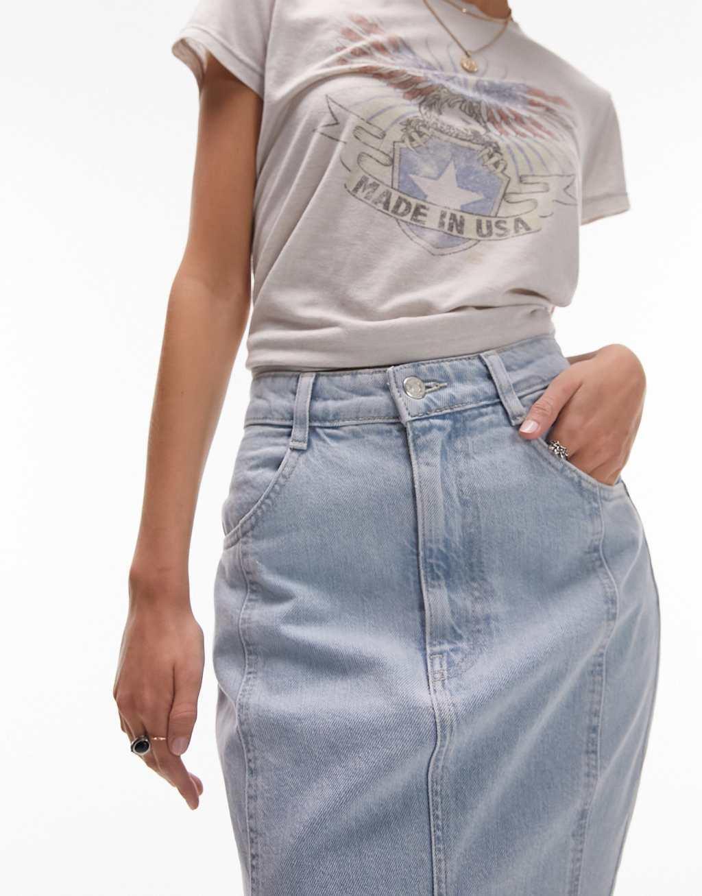 Topshop Petite high waist denim fishtail skirt in bleach Product Image