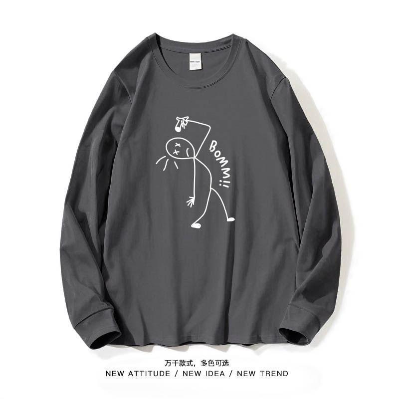 Long-Sleeve Crew Neck Cartoon Print T-Shirt Product Image