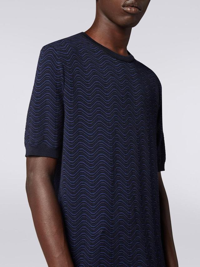 Wool and viscose crew-neck T-shirt with wave pattern Blue | Missoni Product Image