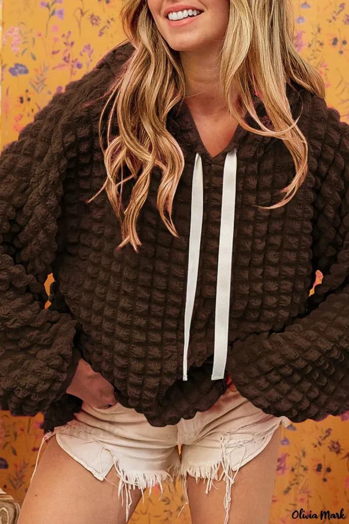 Olivia Mark – Stylish Dark Brown Waffle Hoodie with Bubble Textured Design Product Image