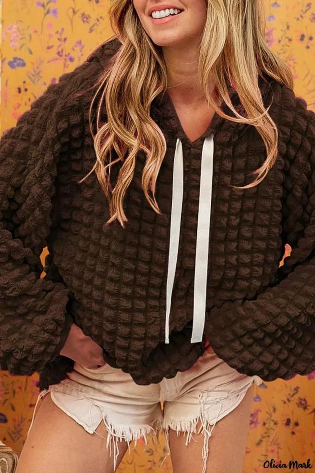 Olivia Mark – Stylish Dark Brown Waffle Hoodie with Bubble Textured Design Product Image