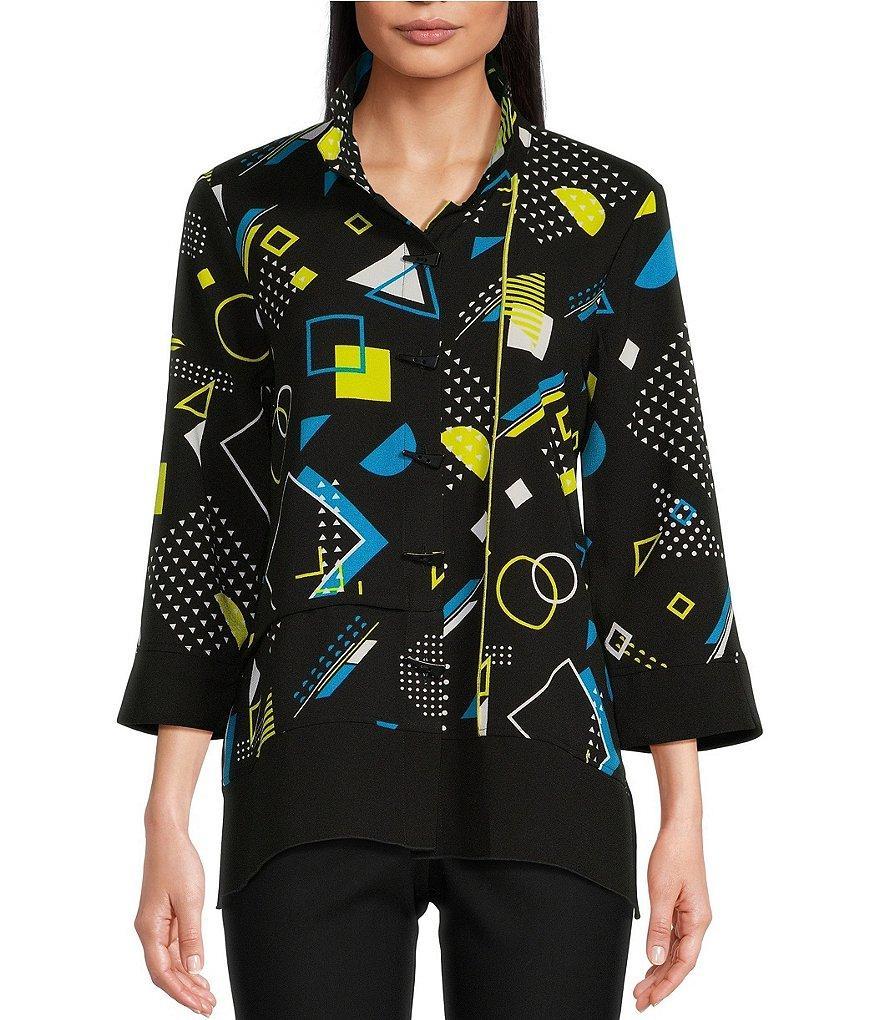 Ali Miles Petite Size Abstract Print Wire Collar 3/4 Sleeve Uneven Hem Button-Front Tunic Product Image