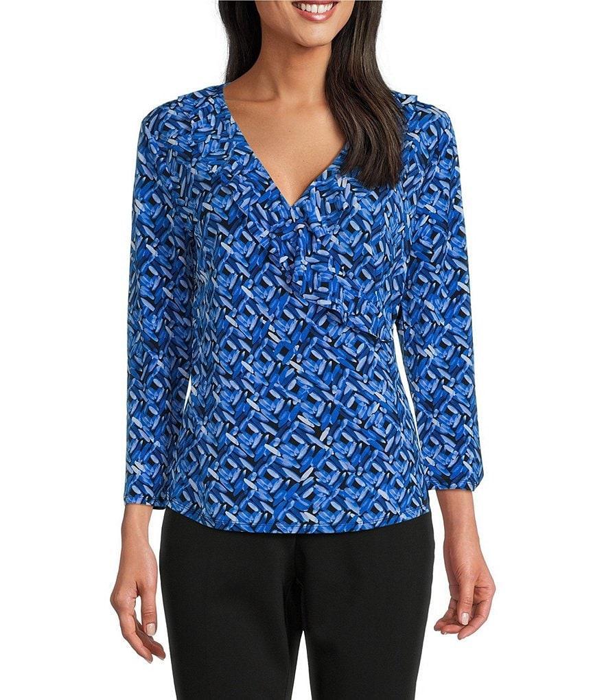 Investments Knit Layered Geometric Print 3/4 Sleeve Ruffle V-Neck Faux Wrap Top Product Image