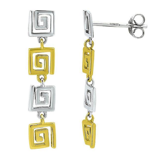 Aleure Precioso Sterling Silver and 18k Gold Plated Greek Key 4 Link Posted Drop Earrings, Womens, Multicolor Product Image