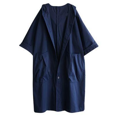 Plain Hooded Button-Up Long Trench Coat Product Image