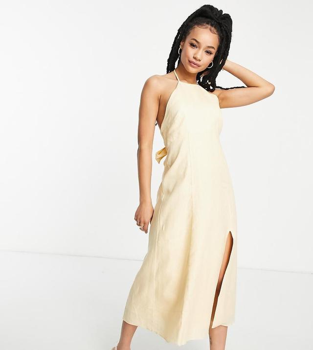 Ever New Petite tie back halter split dress in yellow Product Image