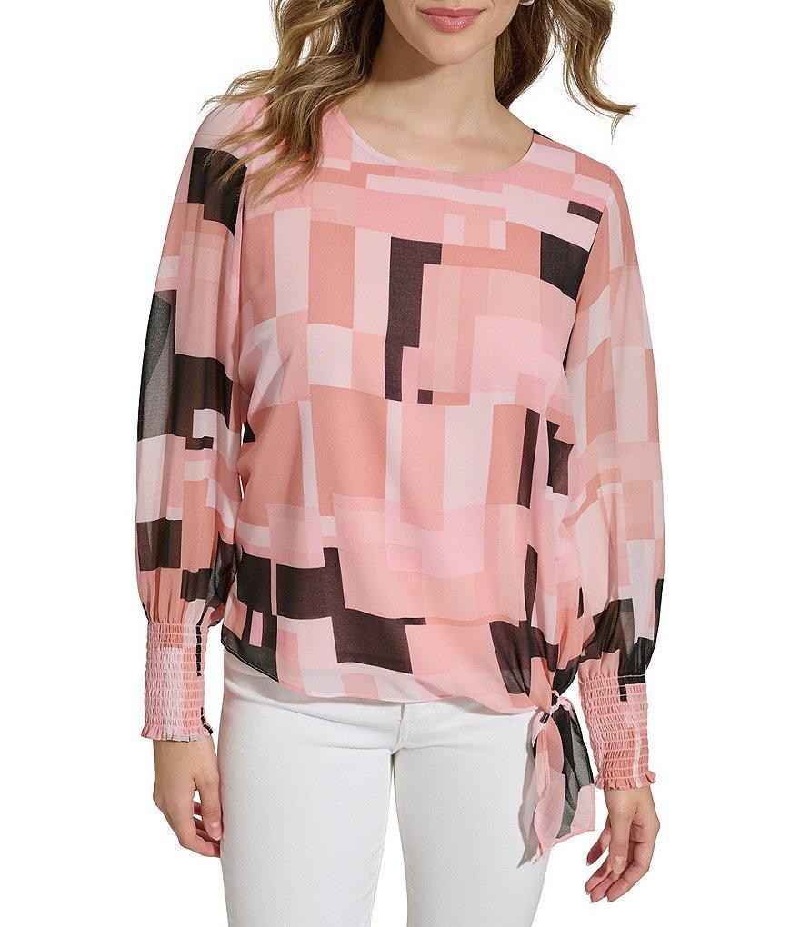 Calvin Klein Chiffon Geometric Crew Neck Long Sleeve Knot Hem Blouse Product Image