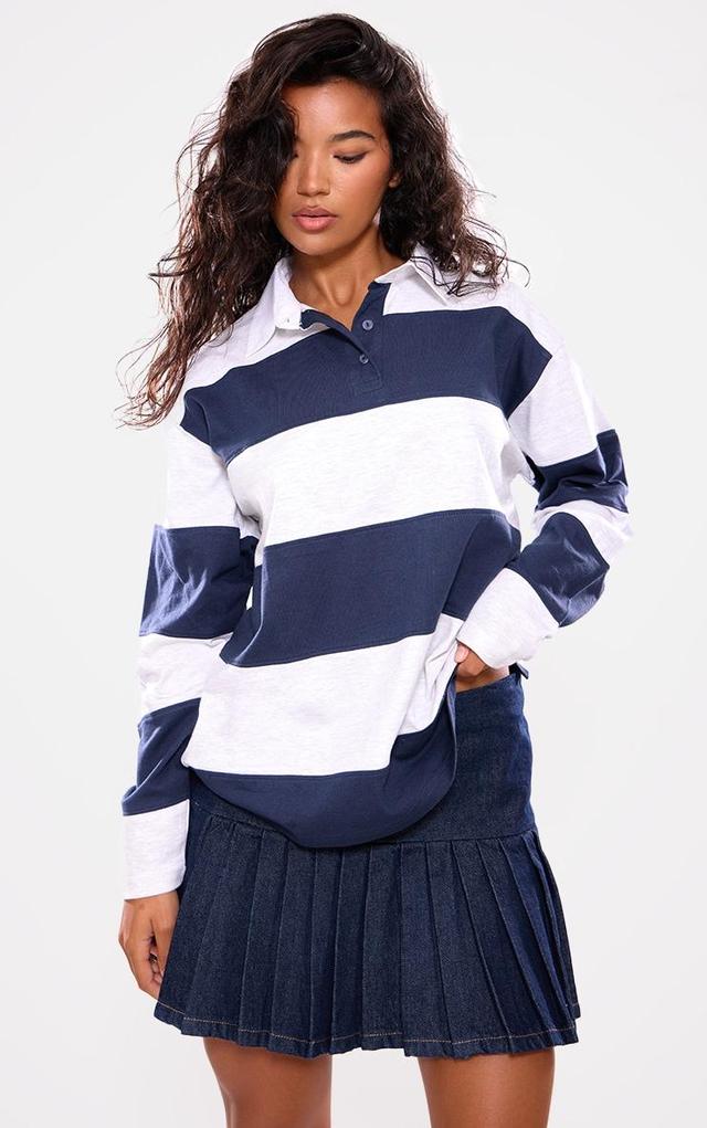 Navy Collared Stripey Oversized Long Sleeve T Shirt Product Image