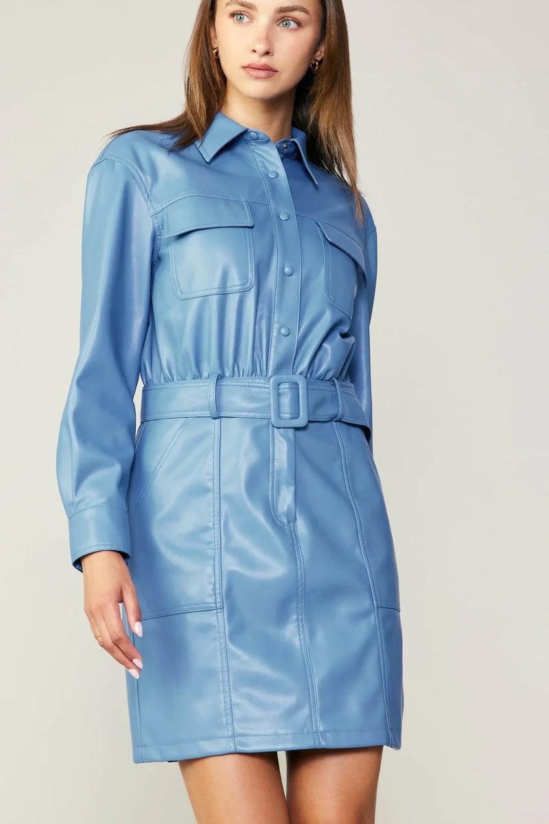 Vegan Leather Blue Belted Dress Product Image