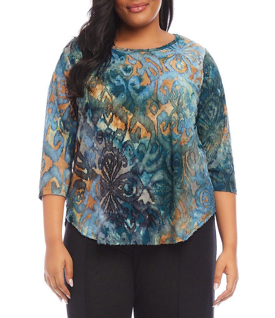 Karen Kane Plus Size Jacquard Tie Dye Boat Neck 3/4 Sleeve Top Product Image