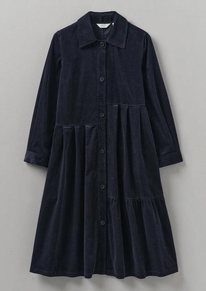 Panelled Organic Needlecord Dress | Navy Product Image