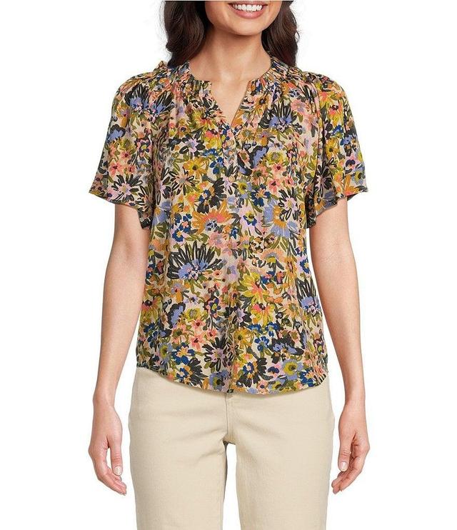 Democracy Petite Size Floral Print Ruffled Trim Notch Neck Short Bell Sleeve Top Product Image