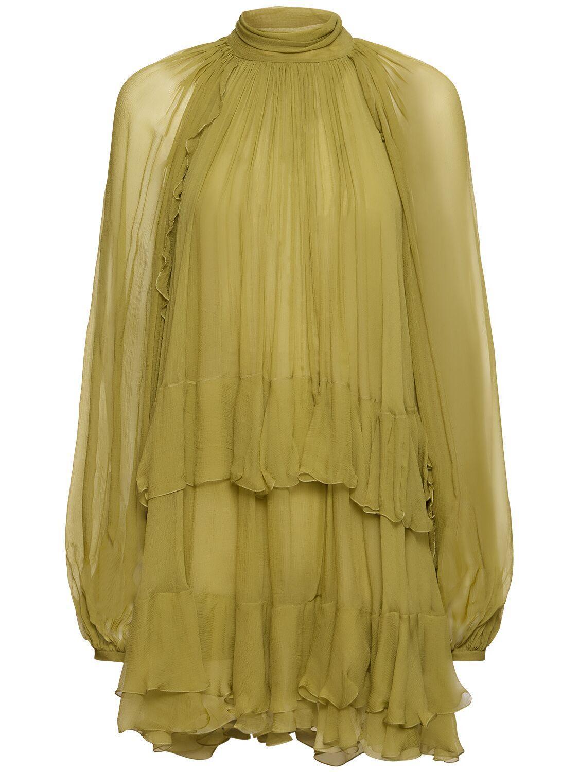 Ruffled Silk Mini Cape Dress In Green Product Image