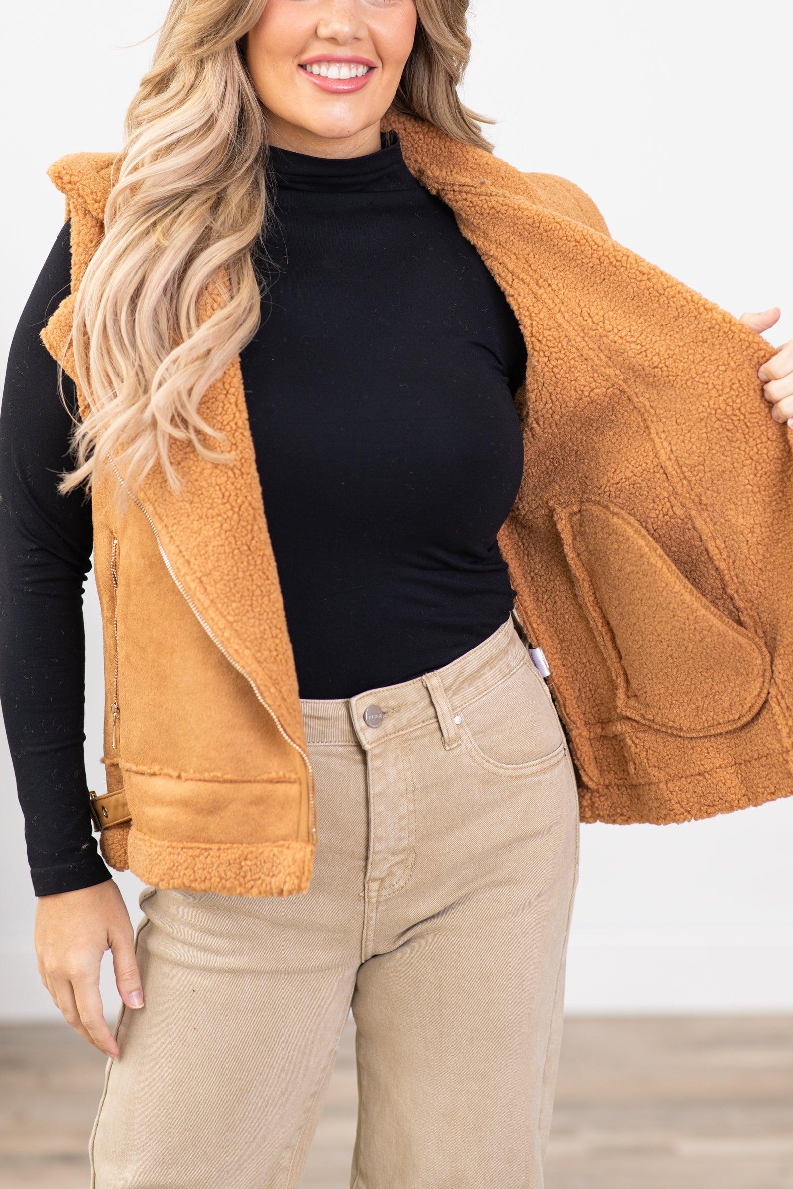 Camel Faux Suede Sherpa Lined Vest Product Image