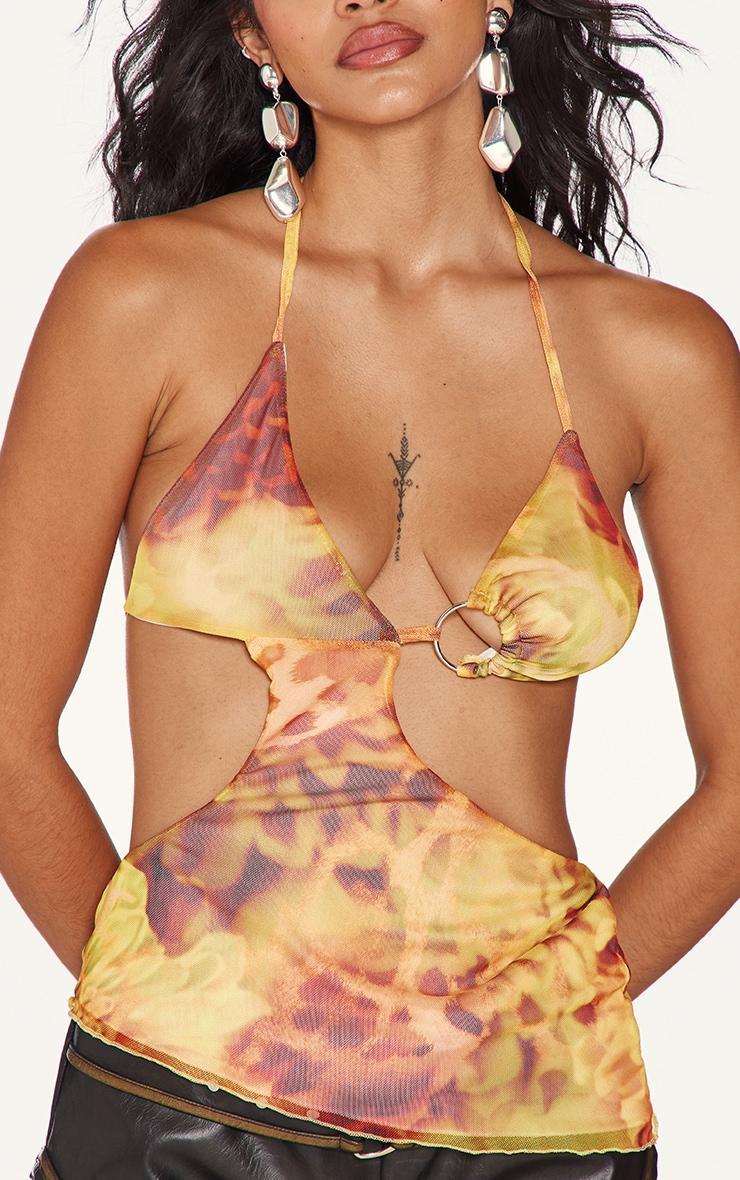 Yellow Cut Out Printed Mesh Long Top Product Image