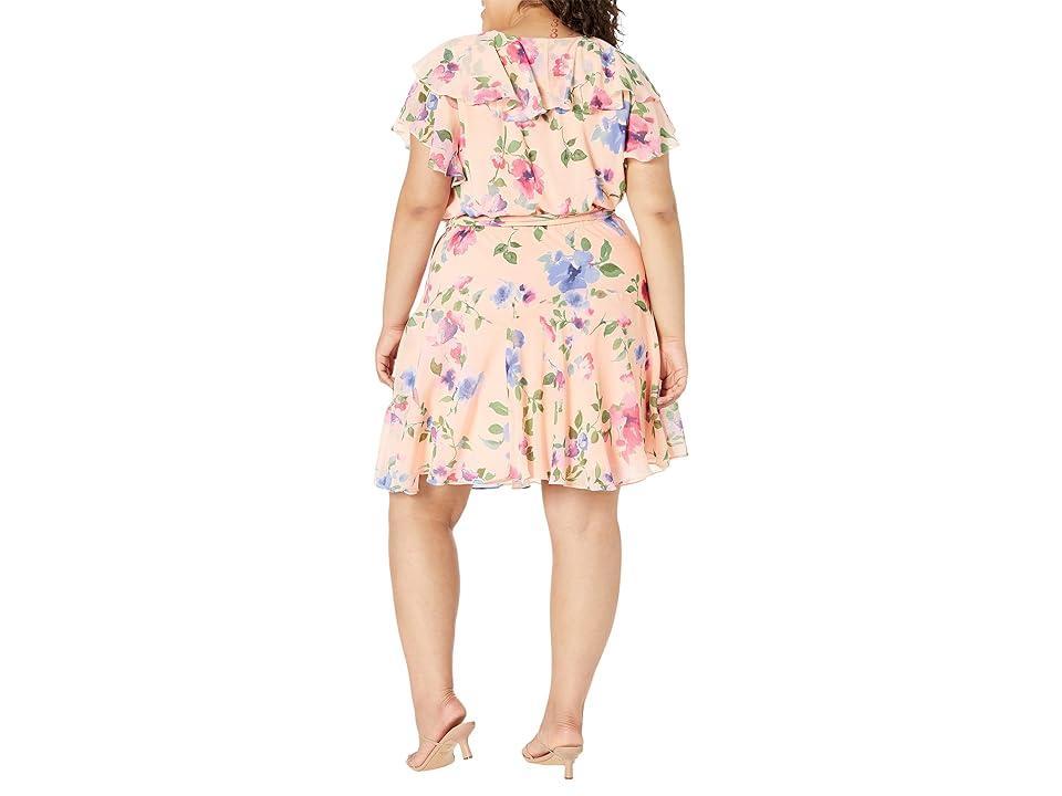 LAUREN Ralph Lauren Plus Size Floral Belted Crinkle Georgette Dress Multi) Women's Clothing Product Image