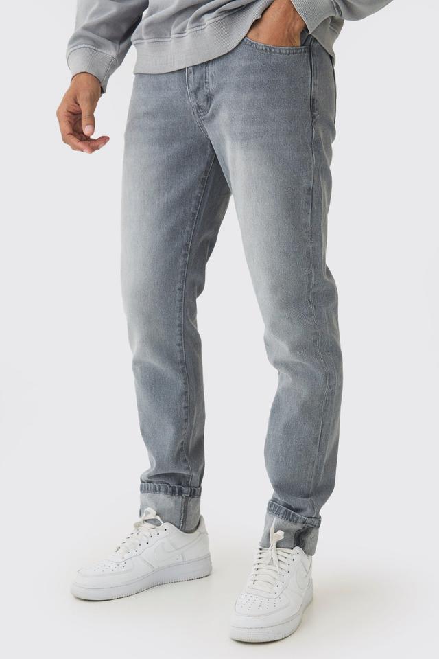 Mens Grey Slim Fit Turn Up Hem Jeans, Grey Product Image