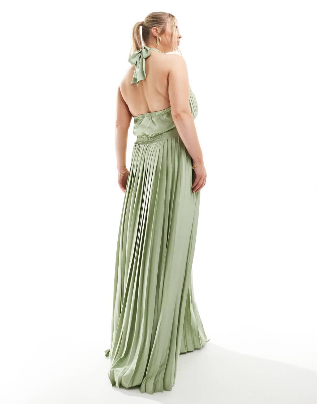 TFNC Plus Bridesmaid satin pleated halter neck maxi dress with full skirt in sage  Product Image