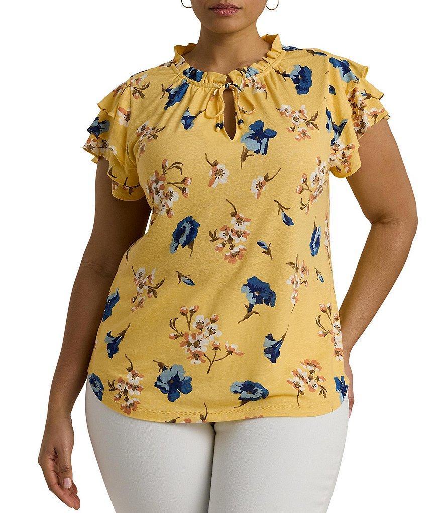 Lauren Ralph Lauren Plus Size Floral Linen Blend Jersey Ruffle Trim Tie Keyhole Neck Short Flutter Sleeves Top product image