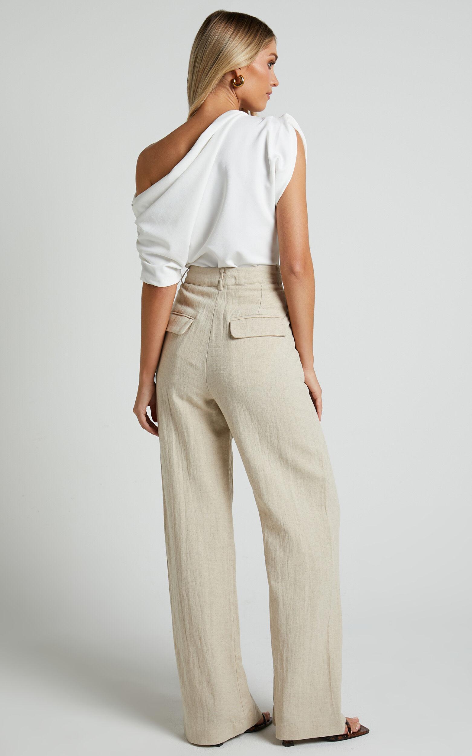 Larissa Trousers - Linen Look Mid Waisted Relaxed Straight Leg Trousers in Oatmeal Product Image