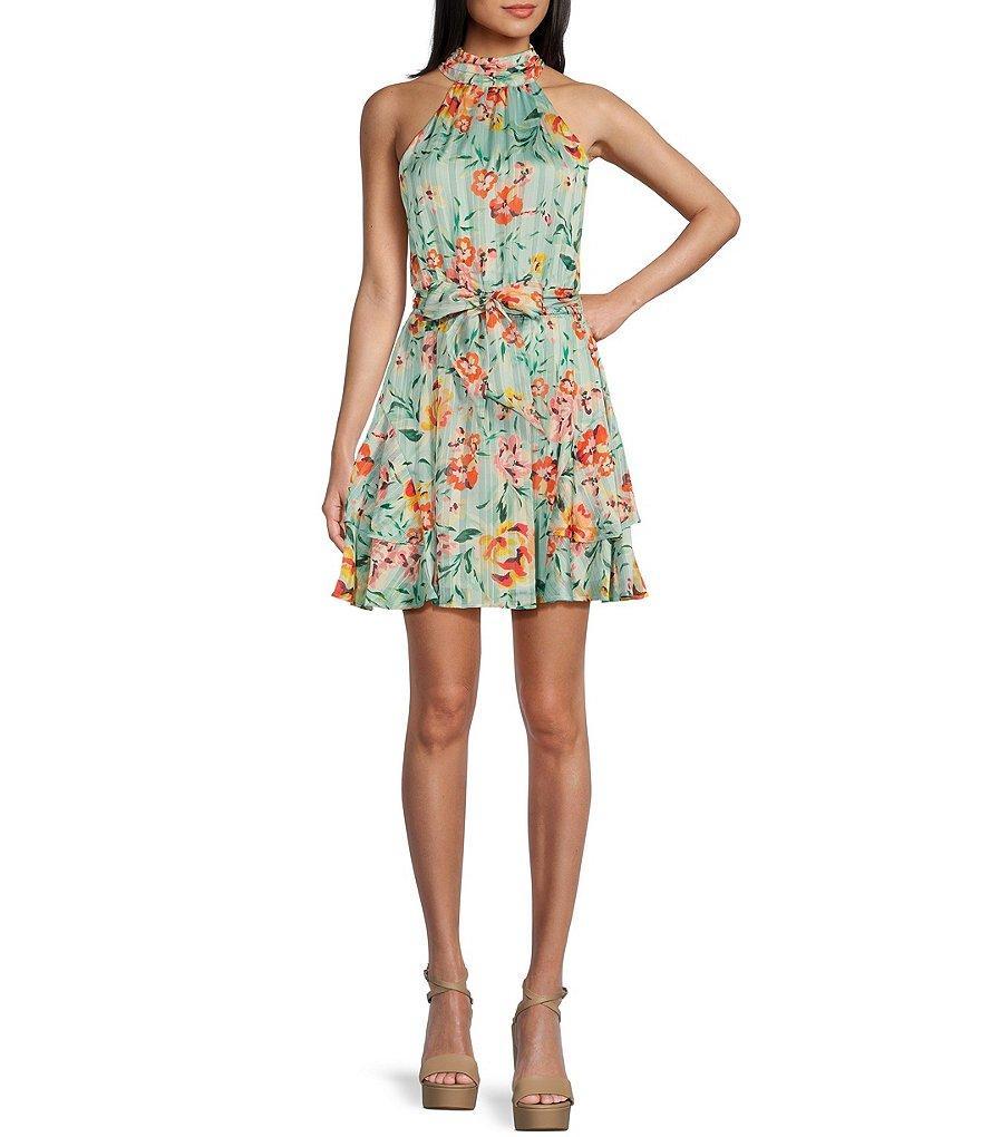 Guess Romana Rose Meadow Print Halter Neck Fit & Flare Chiffon Dress Product Image