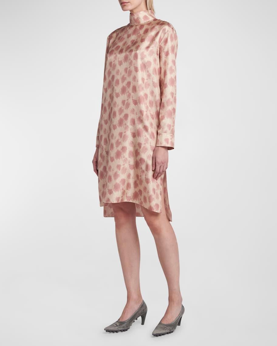 Cheetah-Print Turtleneck Long-Sleeve Silk Dress Product Image