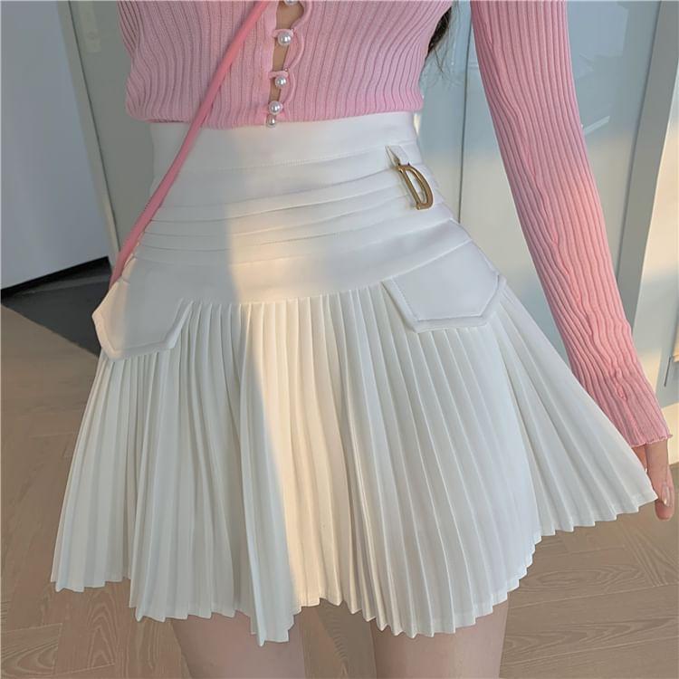 High Waist Lettering Accordion Pleat Mini A-Line Skirt Product Image